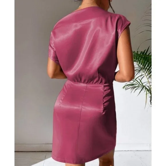 Pink Asymmetrical Neck Satin Mini Dress - Picture 2 of 8